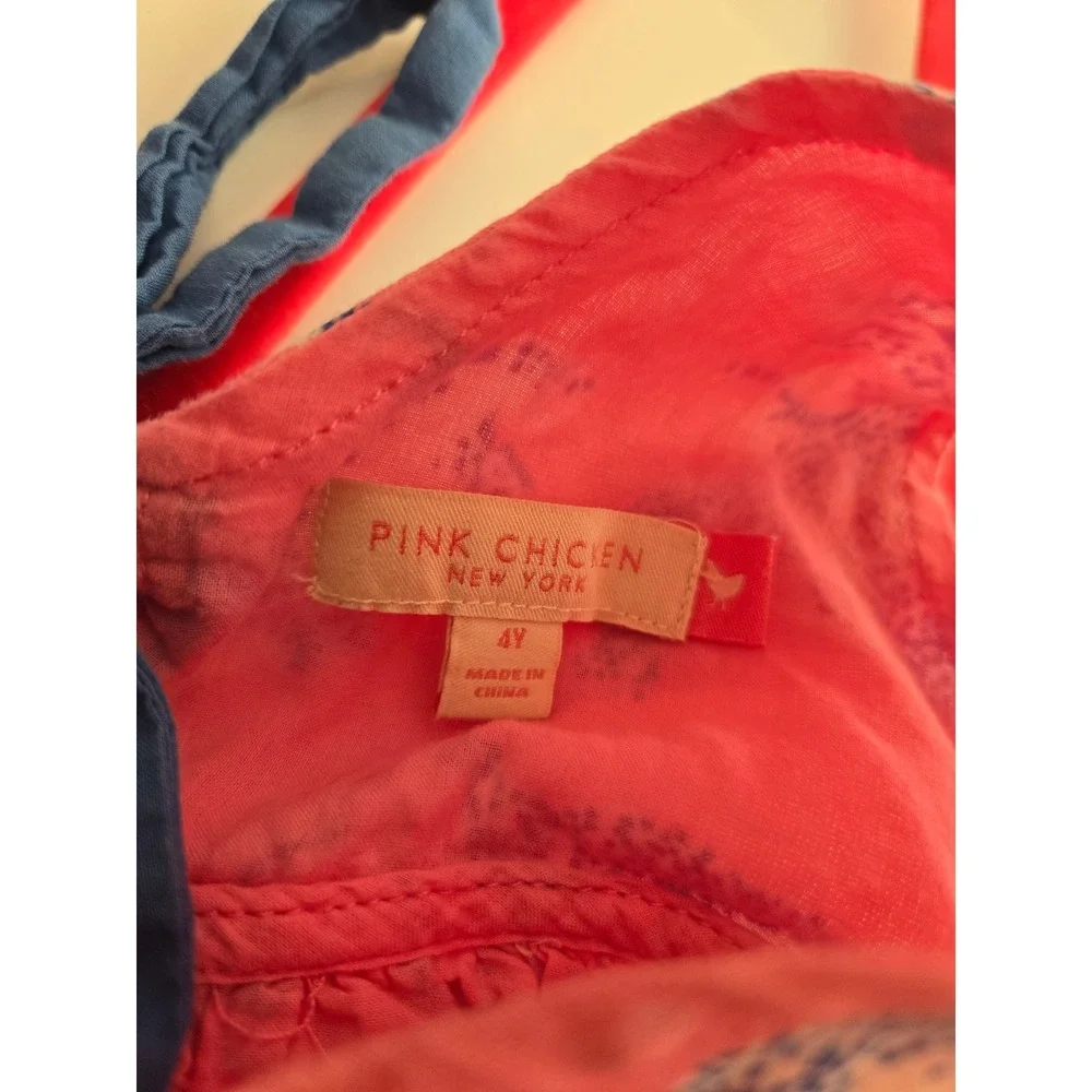 Pink Chicken New York Girls Pink Blue Dinosaur Print Cotton Tie Back Dress 4Y